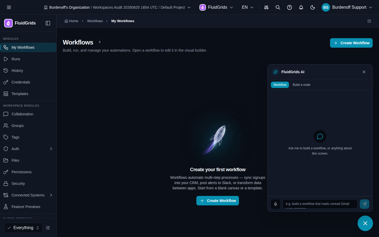 FluidGrids AI open on the My Workflows screen