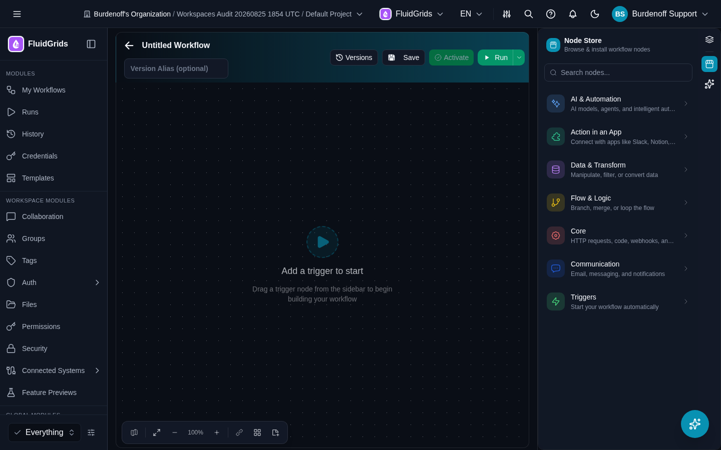 A new workflow in the Visual Builder, with the Node Store open