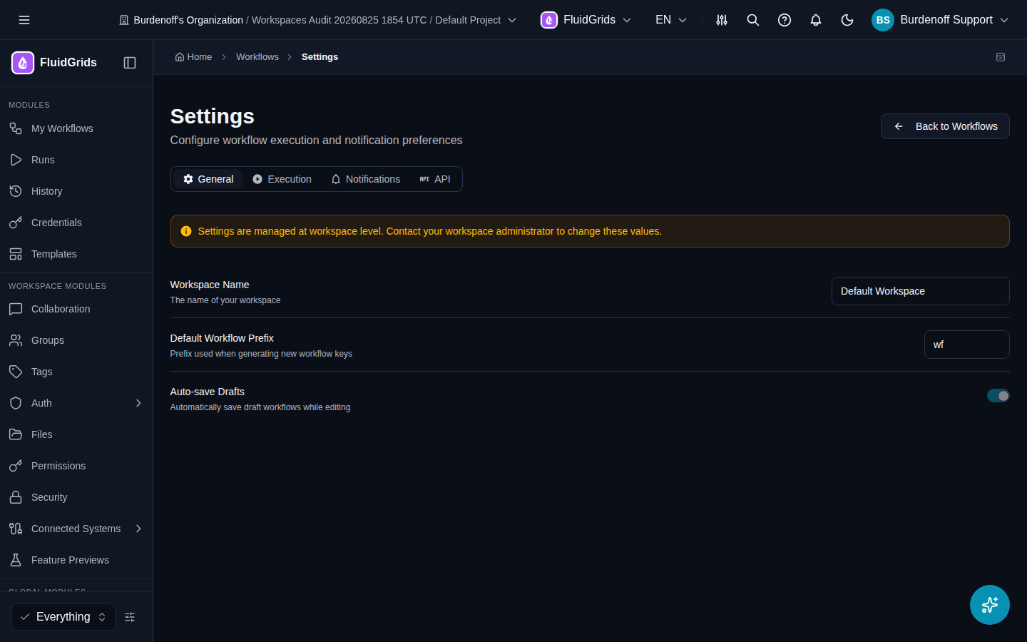 The workflow module Settings screen